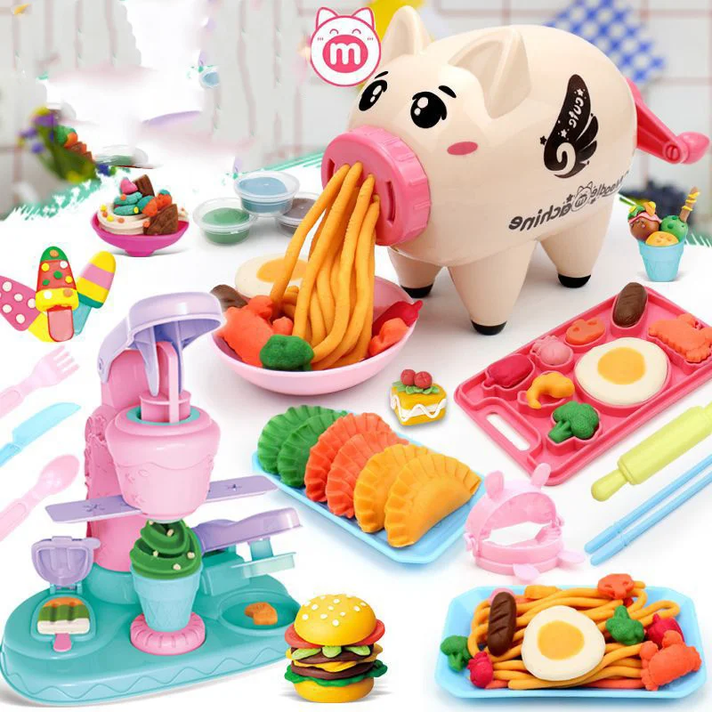 

3D Color Clay Toy Cartoon Cute Pig Noodle Machine Kids Pretend Play Ice Cream Maker Burger Plasticine Toy Clay Mold Tool