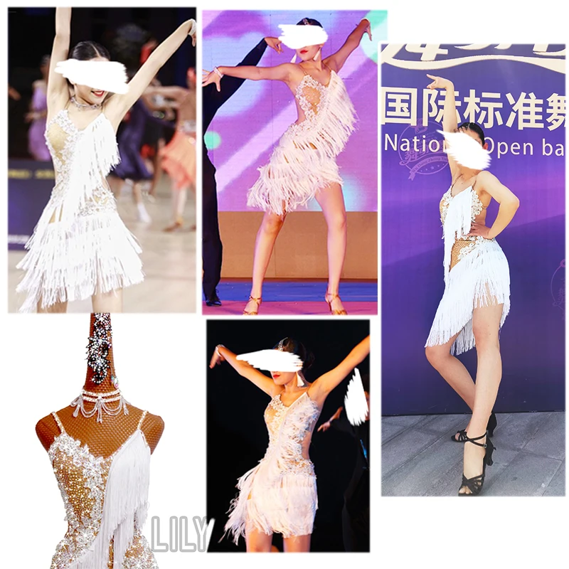 New Latin Dance Skirt Competition Skirt Performance Skirt Adult Custom White Tassel Embroidered Sexy Dance Skirt