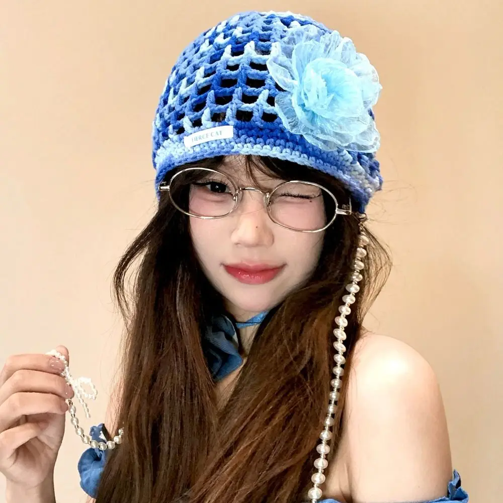 

Bohemian Style Crochet Tassel Beanies Hat Hollow Dopamine Color Flower Pullover Cap Thin Handmade Bow Pearl Beanie Cap