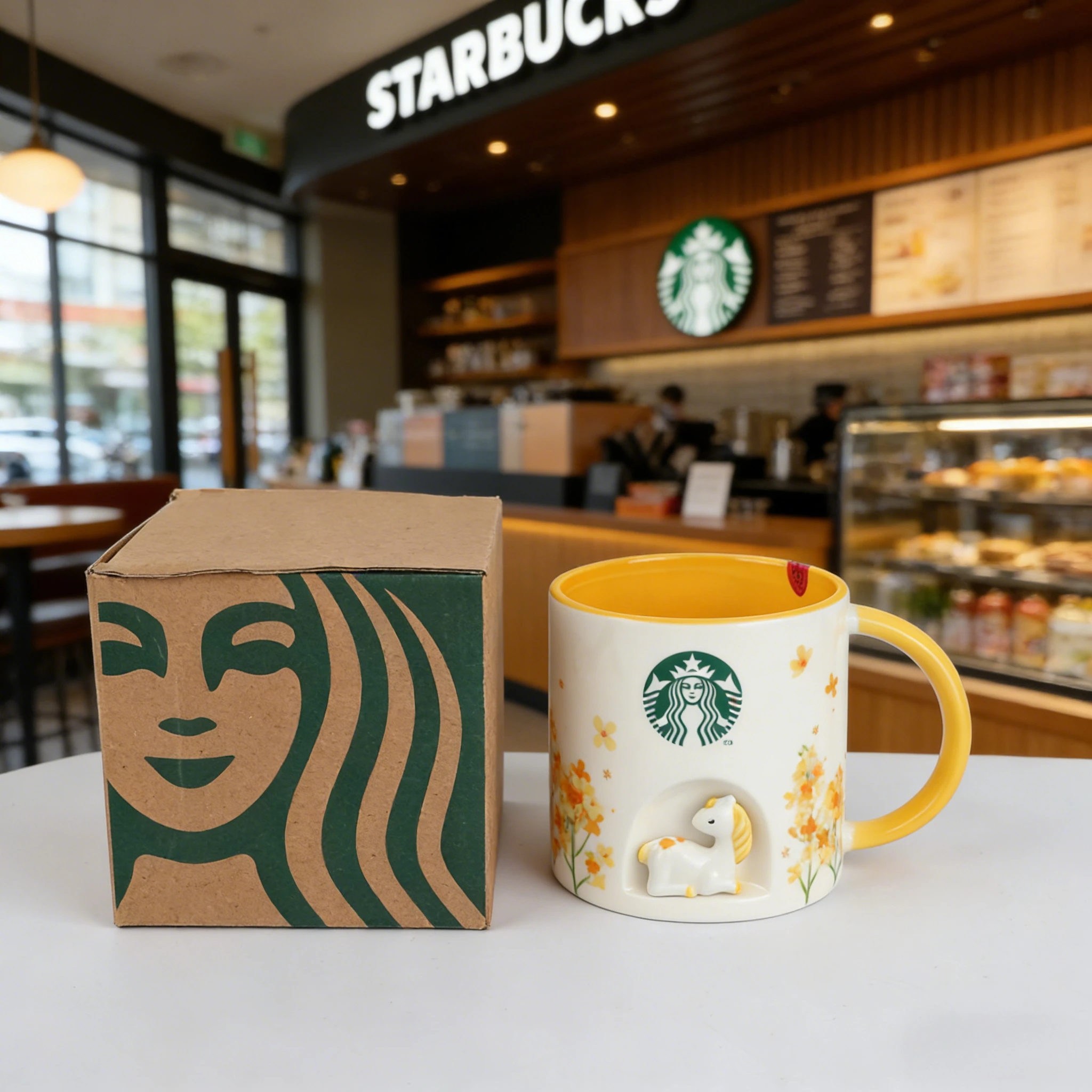 Caneca Clássica Starbucks com Relevo Detalhado de Cavalo Amarelo Pequeno - Caneca Multiuso para o Dia a Dia