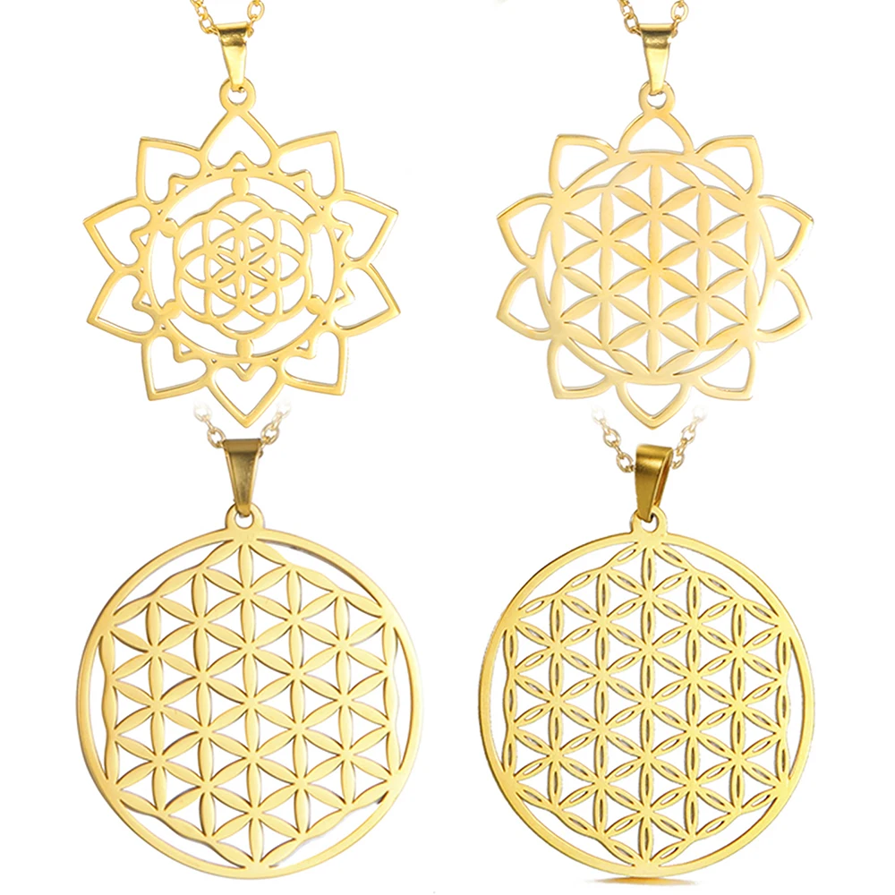 Dawapara Chakra Flower of Life Necklace Sacred Geometry Mandala Pendant Good Luck Amulet Stainless Steel Jewelry New Year Gift