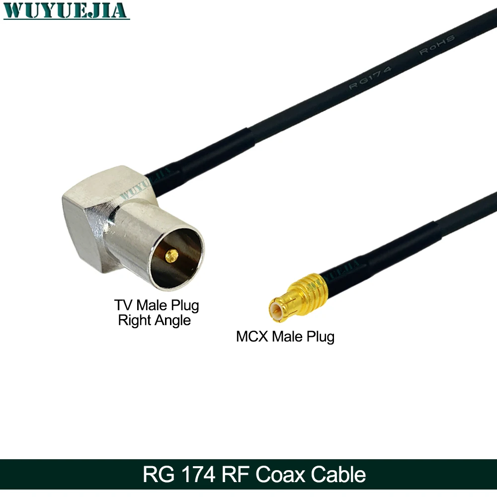 RG-174 كابل التلفزيون ذكر/أنثى الزاوية اليمنى إلى MCX ذكر موصل قابس 50 أوم محوري تمديد الحبل ضفيرة لاستقبال التلفزيون المحمول