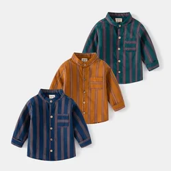 HoneyCherry Children's Casual Striped Long Sleeve Shirt Stand-up Collar Pocket Long Sleeve Shirt Soft Cotton Boys' Shirt