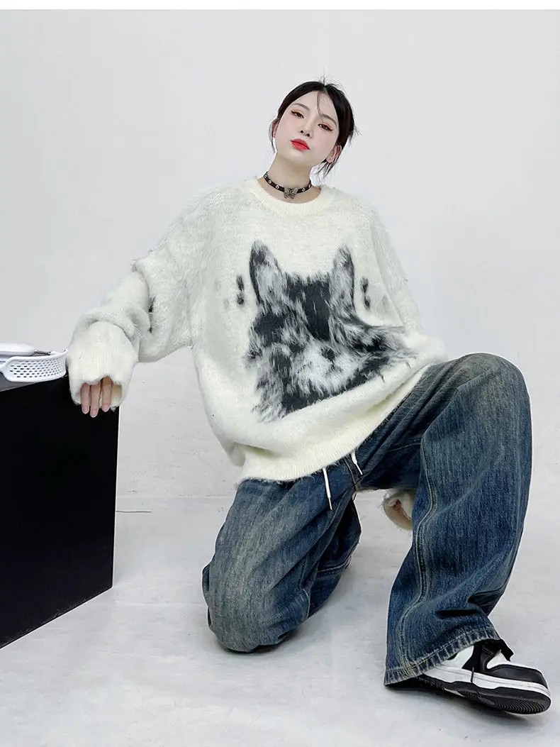 Harajuku Cat Sweater Y2K Hip Hop Knitted Fluffy Fuzzy Cat Jumper Streetwear 2023 Fashion Casual Loose Punk Goth Pullover