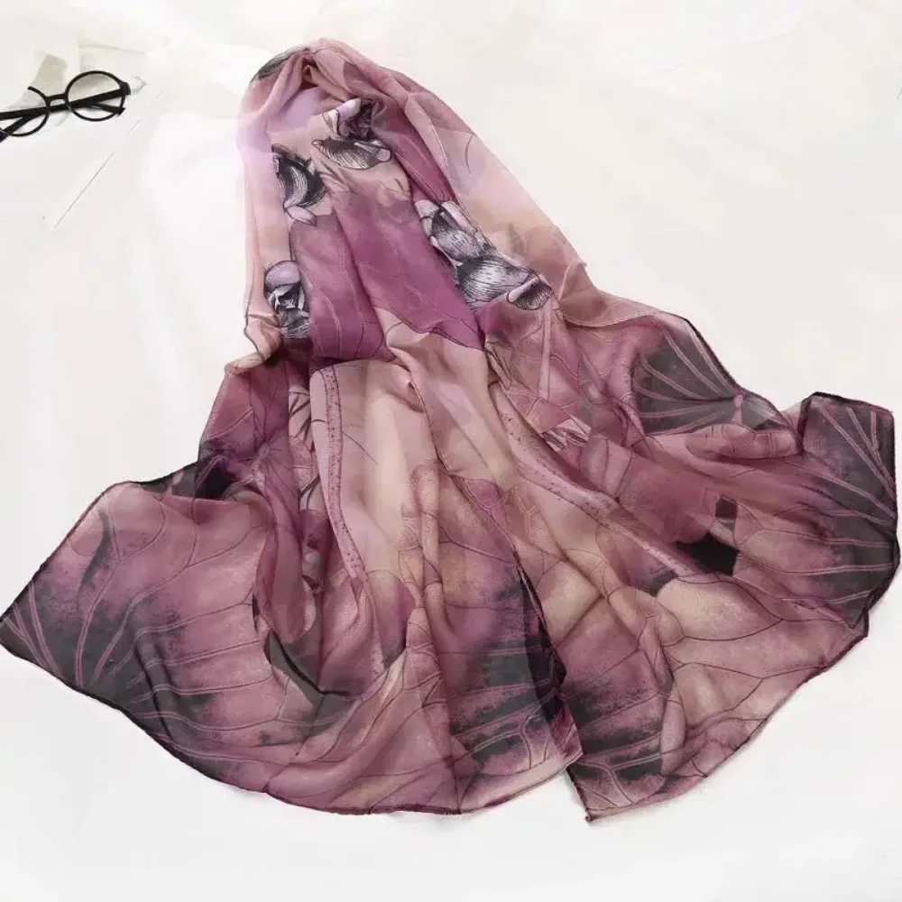 50*150CM New Chiffon Scarf for Women Summer Lotus Print Thin Scarves Soft Sunscreen Shawl Spring Female Wrap Shawls