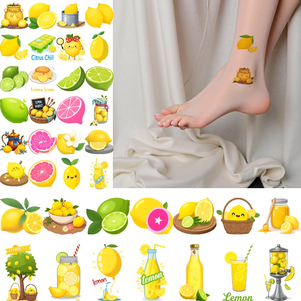 

54 шт., временная татуировка, гитара, временные татуировки, наклейки, цитрусовый напиток, мультяшный лимон для плеч, щек, девочек