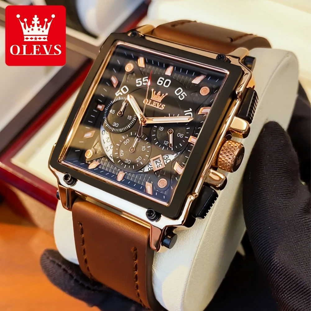 OLEVS 9919 Chronograph Multifunctional Quartz Men\'s Watch Leather strap 45MM Square Big Dial Leisure Sports TOP Brand Male Watch