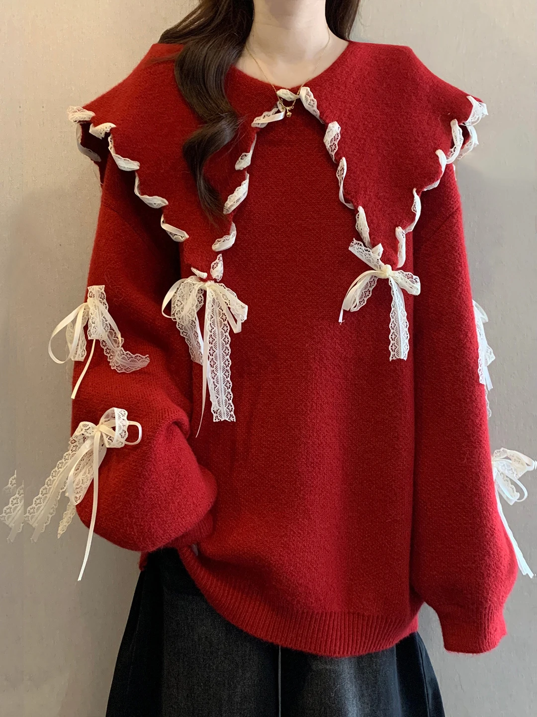 

Red Long Sve Navy Collar Lace Trim Sweater Women's plus Size Autumn Winter Casual Sle Soft Cotton Mid-Length Top