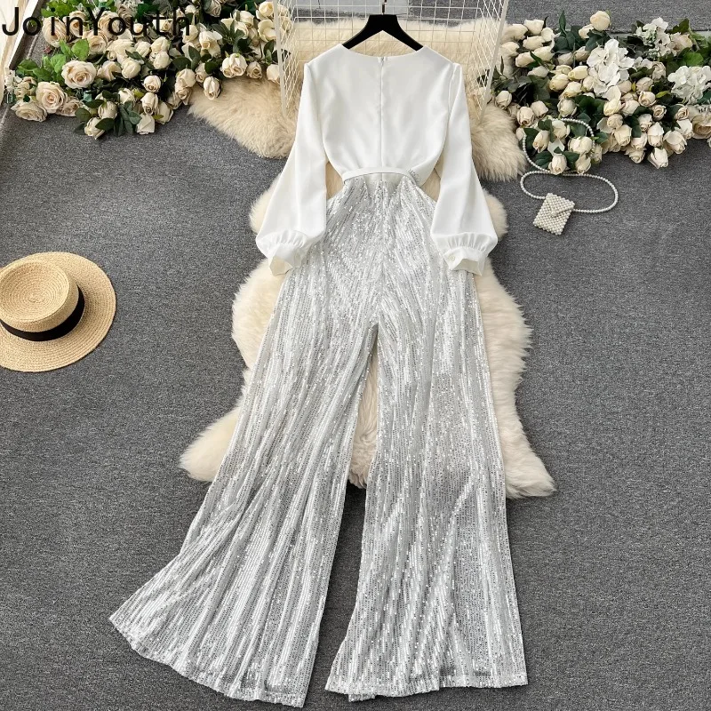 vintage Summer New Slim Waist Jumpsuits Fake Two Piece Long Sleeve Shirts Patchwork Pants Y2k Loose Sequined Wide Leg Pants