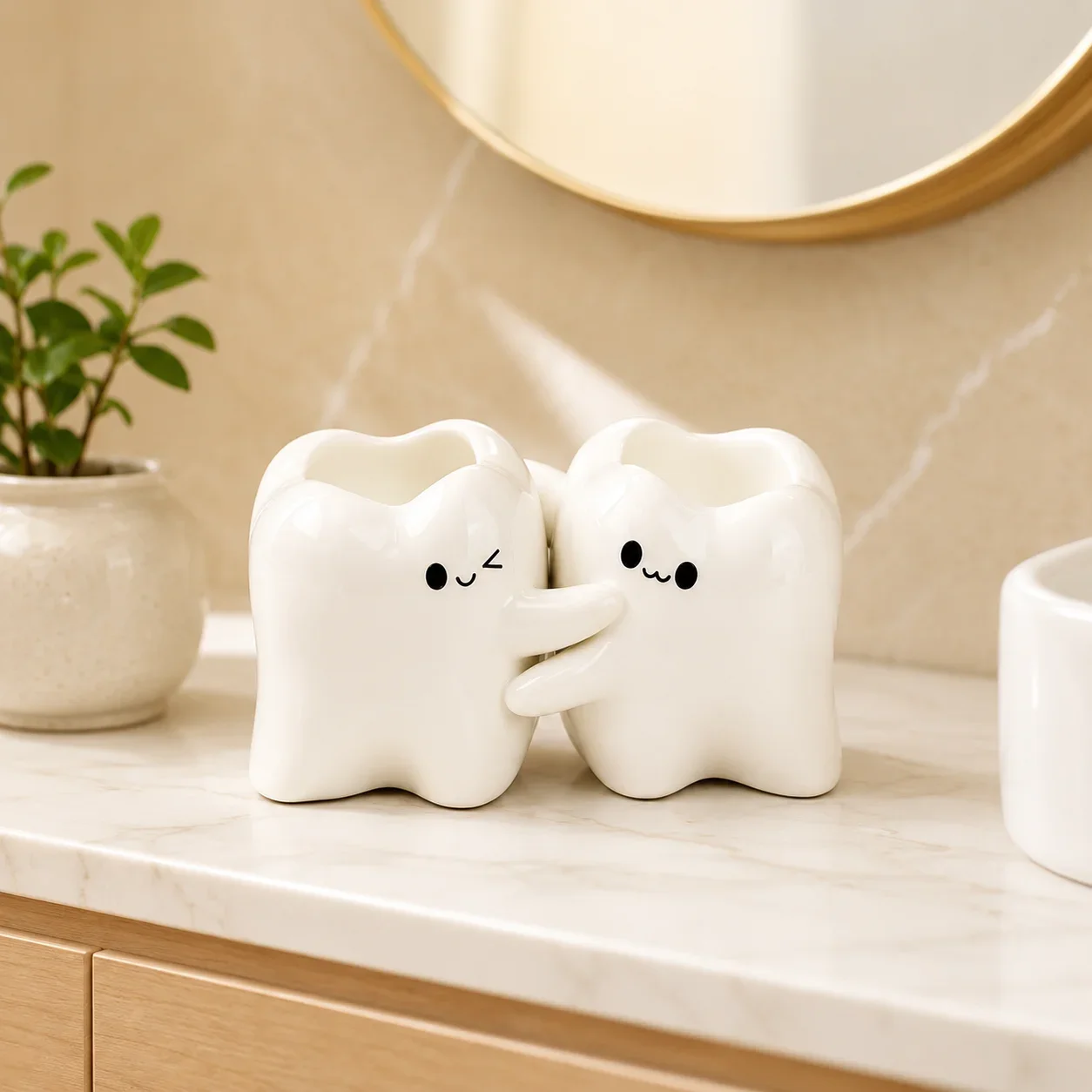 Cute Tooth Ceramic Multifunctional Toothbrush Holder, Suitable for Toothbrushes, Toothpaste, and Makeup Brushes