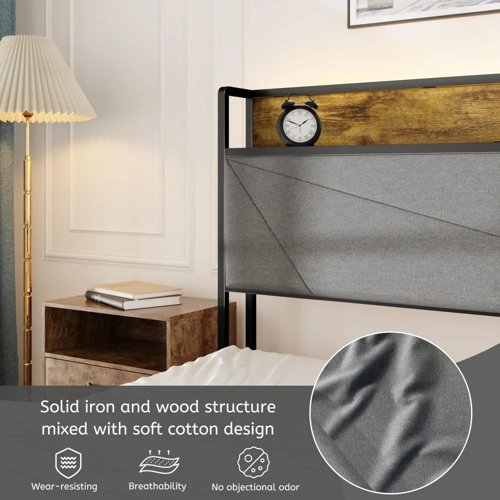 Bed Frame with Storage Headboard & 4 Drawers, Grey Bed Frame with LED Lights & Charging Station, Sturdy Metal Platform & Slat image 5