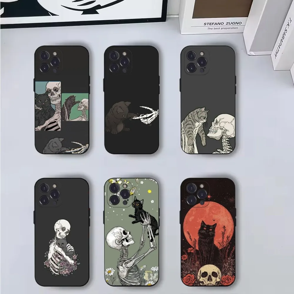 

Skeleton Cat Painted Phone Case Phone Case For iPhone 16,15,14,13,12,11,Pro,X,XS,Max,XR,Plus,Mini Soft Black Cover