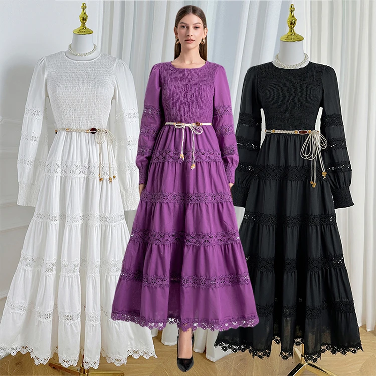 Elegant Long Maxi Dresses Women Summer 2025 Spring Full Sleeve Embroidery Lace Stretchy Top Hollow Out Evening Party Vestidos
