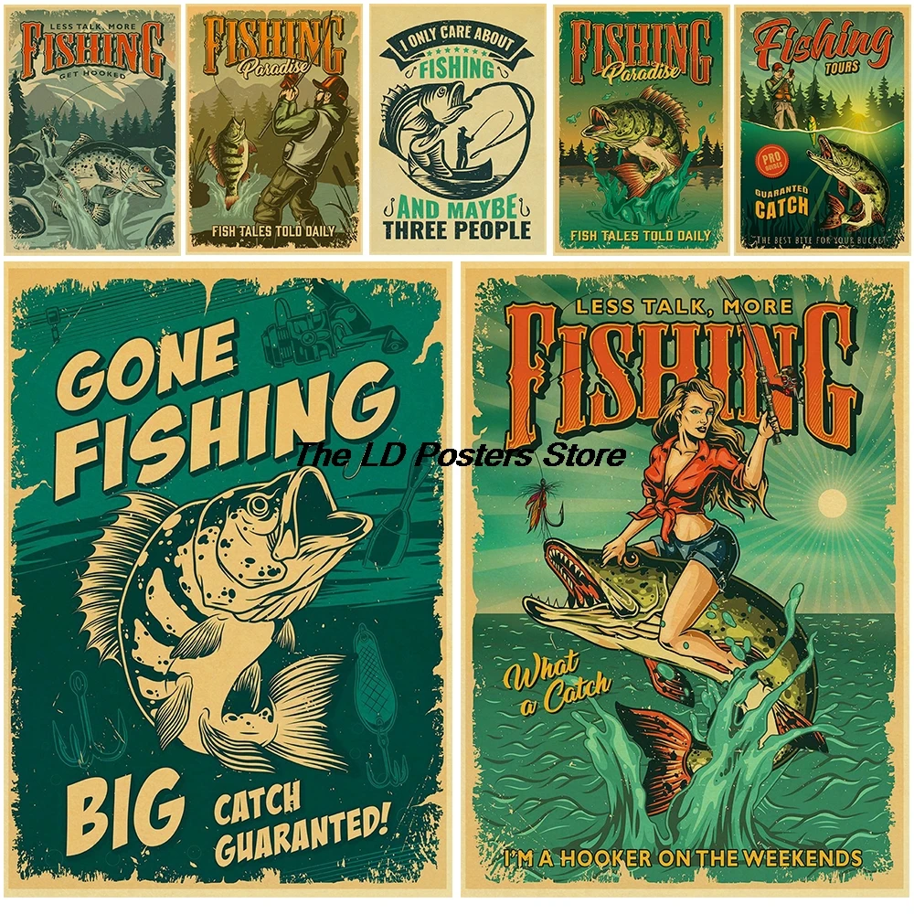 Fishing Poster Painting Nostalgia Aesthetic Decoration Chambre Skateboard Streetwear Creative Kraft Paper Wall Room Bar Decor