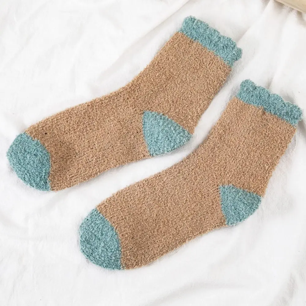 5Pairs Solid Color Thickened Coral Fleece Socks Winter Sleeping Floor Plush Socks Hosiery Simple Warm Boat Socks Women Autumn