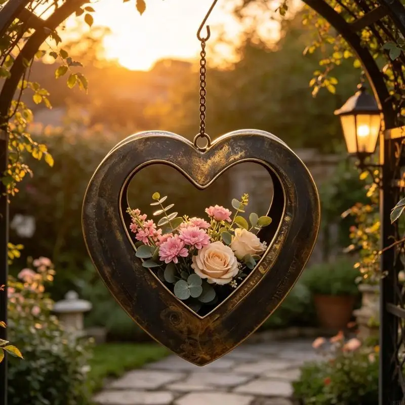 Plant Pot or Flower Basket Heart Wall Hanging Holder, Brown Metal Mount with Chain for Outdoor Fence Porch Balcony Yard Home