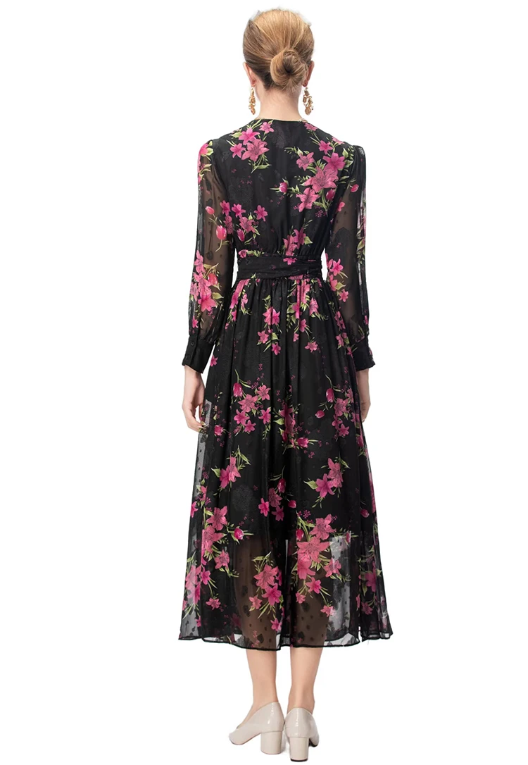 DLDENGHAN ชุดเดรสคอวีผ้าแจ็คการ์ดสำหรับผู้หญิงแขนทรงโคมพิมพ์ลายวินเทจแฟชั่นฤดูใบไม้ร่วงสำหรับผู้หญิง