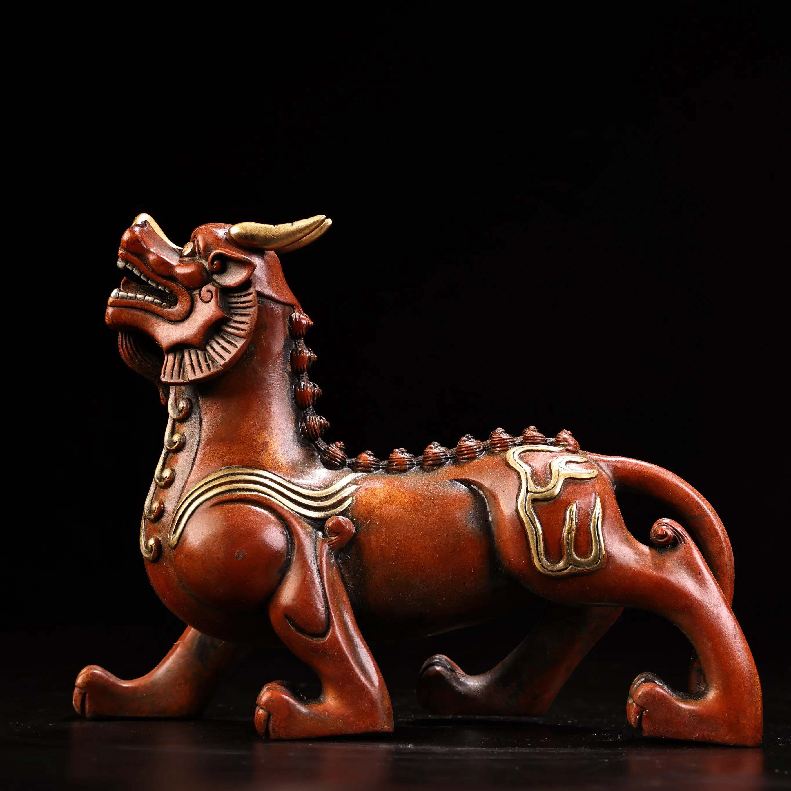 Vintage Chinese Bronze High Relief Chisel Gold Silver Unicorn Mythical Beast Figurine Heavy Patina Fine Craft Collectible
