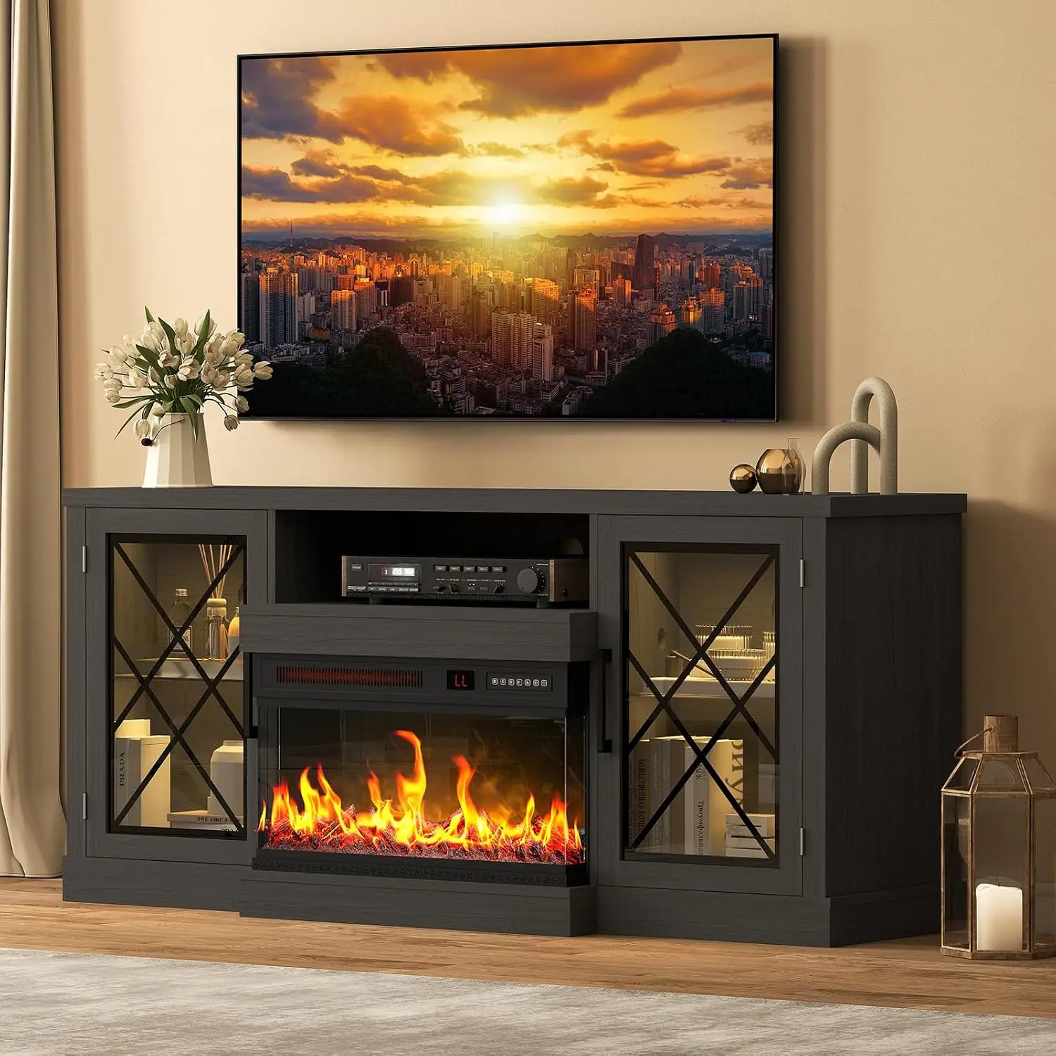 59'' Fireplace TV Stand, Glass Door Media Console, Adjustable Flame LED for Living Room, Black, Customized