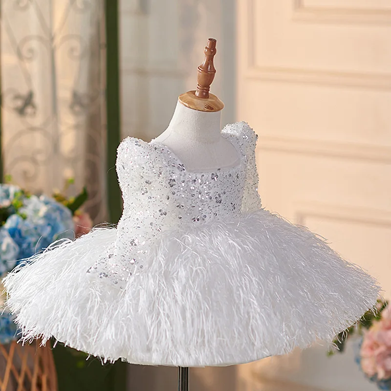 Girls White Feather Princess Dress 2026 New Super Fairy Sequins Tassel Ponte Veil Dress Children's Foreign Trade Dress