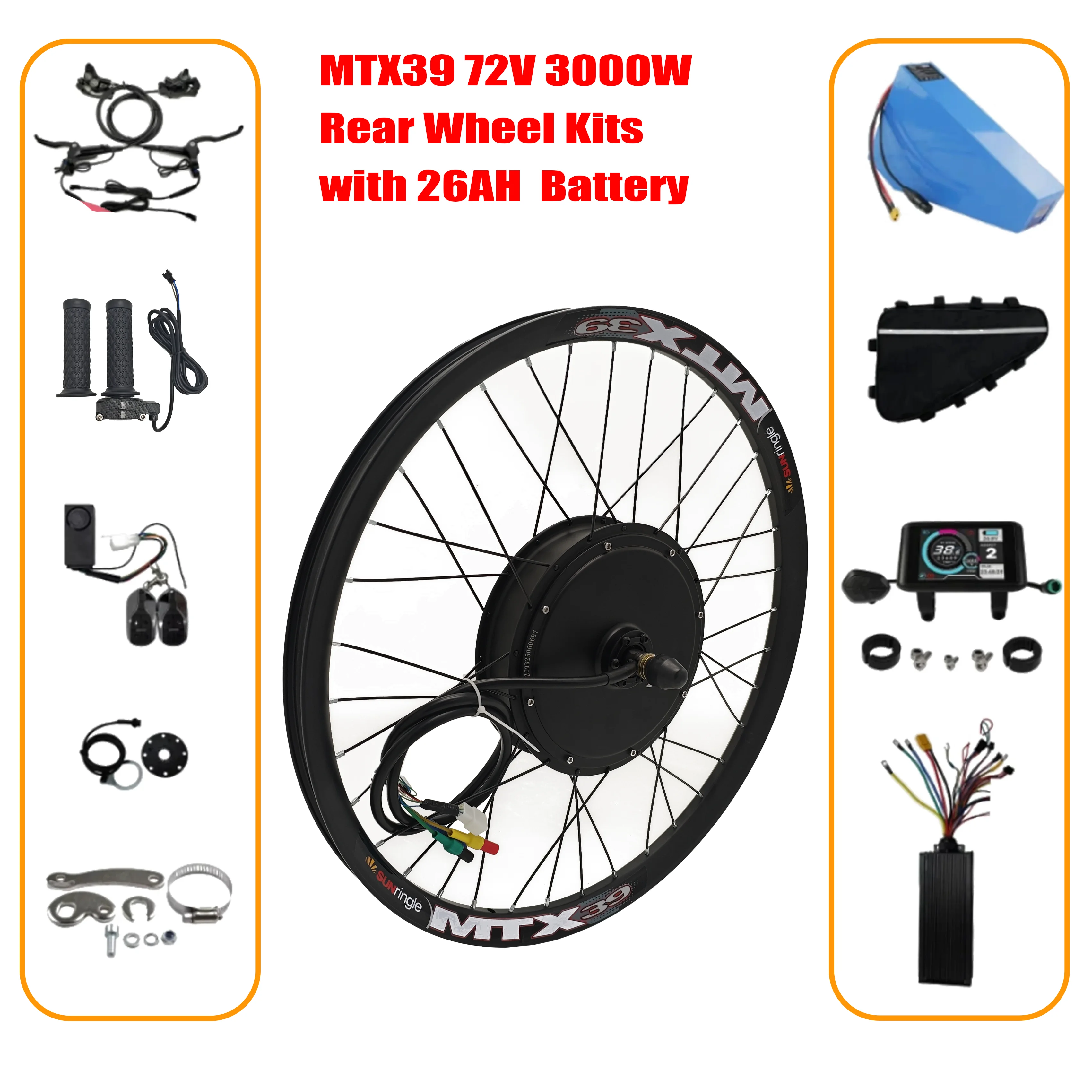 

24"/26"/27.5"/29"/700C MTX39 Rear Motor Wheel Conversion Kits | 72V 3000W High-Power Motor with 26AH Large-Capacity Battery