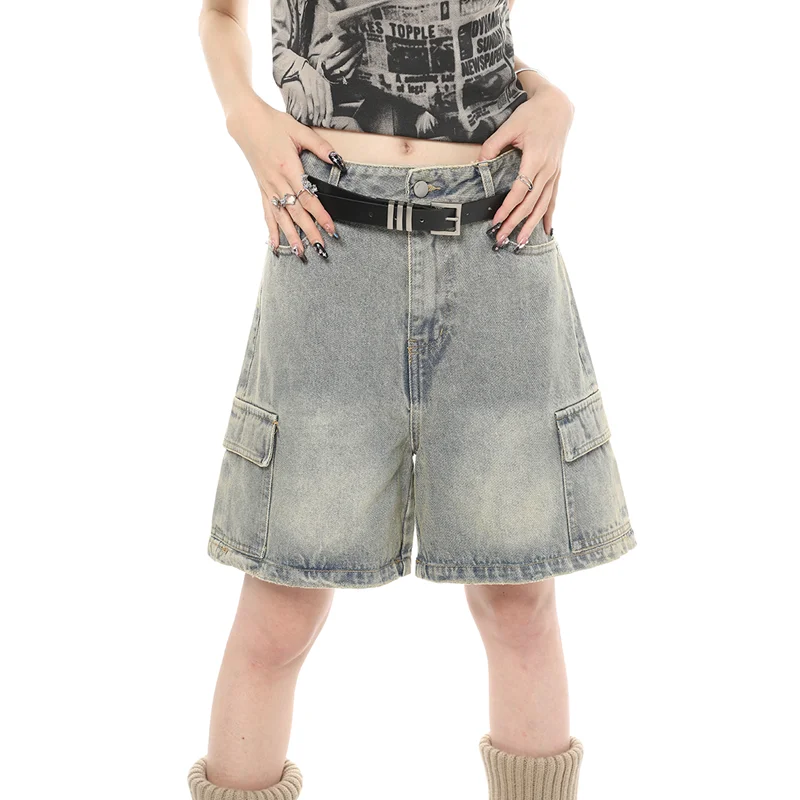 Pantaloni corti in Denim Cargo da donna blu a vita alta gamba larga American Streetwear Summer Vintage Casual pantaloni Cargo dritti larghi