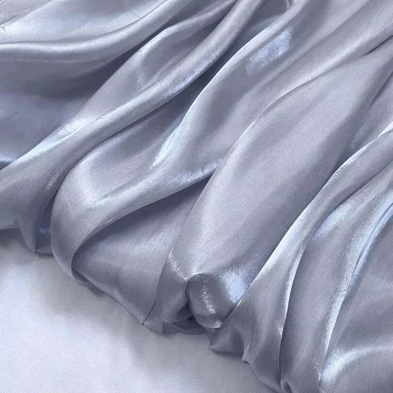 Silver Glossy Polyester Silky Gradient Fabric, Shiny Dress Designer Material, Glitter Translucent Satin Fabric, Sold by Yard