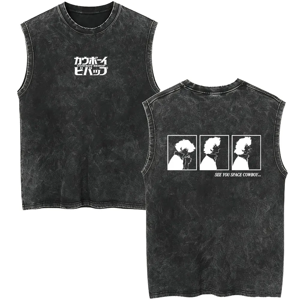 Anime Cowboy Bebop Vintage Washed Tank Tops Faye Valentine Spike Spiegel T-shirt Men Women Manga Fashion Casual Sleeveless Vest