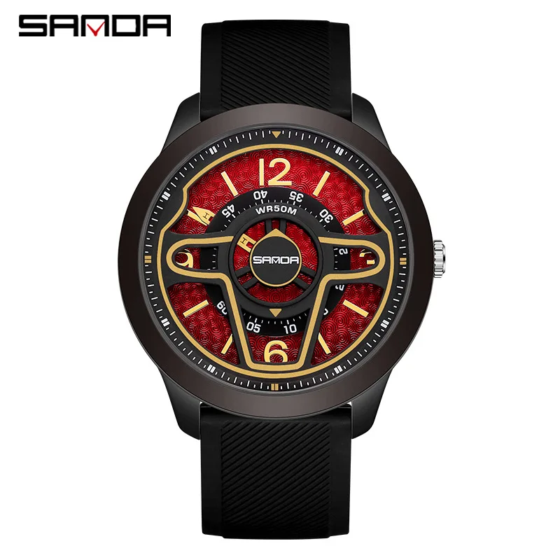 SANDA 9023 New Model Unique Design Rotating Dial Soft Silicone Strap 30M Waterproof Quartz Movement Business Men Wrist Watch