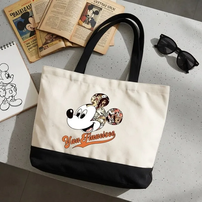 

Disney Anime Mickey Mouse Canvas Bag Kawaii Large Capacity Minnie Mouse Mobile Phone Cosmetics Earphones Bento Shopping Bag
