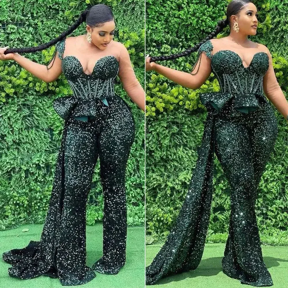 Sequins Jumpsuits Evening Dresses Women Green Design Sense High Waist Pants Formal Occasion One Shoulder Sleeveless Vestidos De