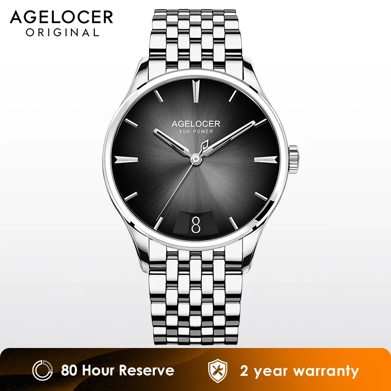 AGELOCER-reloj con correa de acero para hombre, reloj mecánico automático con calendario grande, ideal para regalo de cumpleaños