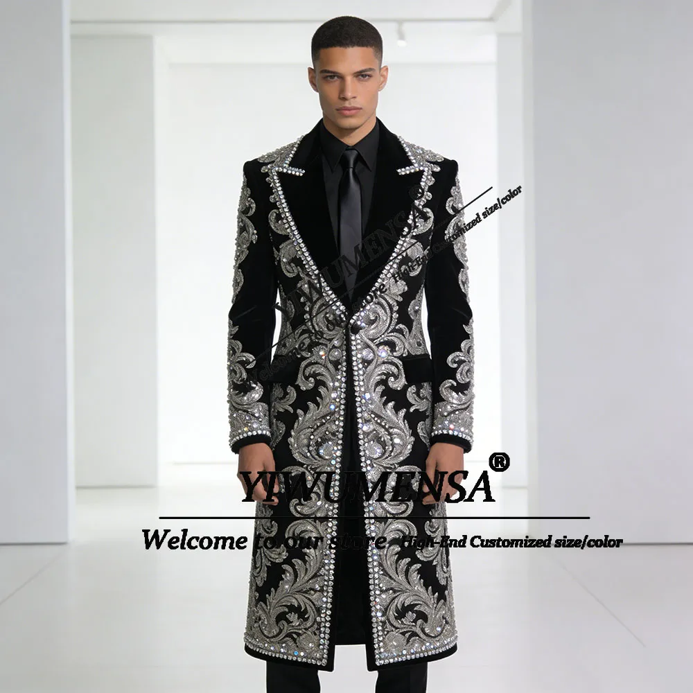 

Rhinestones Beaded Long Suit Men 2 Piece Set Single Breasted Jacket Pants Groom Wedding Tuxedos Customized Banquet Man Tuxedos