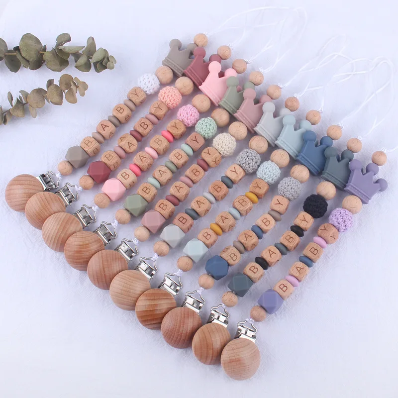 Personalized Custom Baby Name Pacifier Clips Beech Letter Beads  Silicone Pacifier Chains Toddler Crown Teether Teething Chain