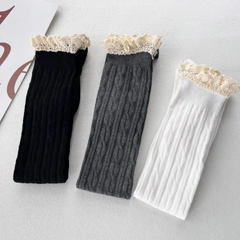 Japanische JK Spitzensocken Lolita Spitzenstrümpfe Damen Gestricktes Muster Mädchen Niedliche elegante einfarbige Winterwärmer Bodenstrümpfe