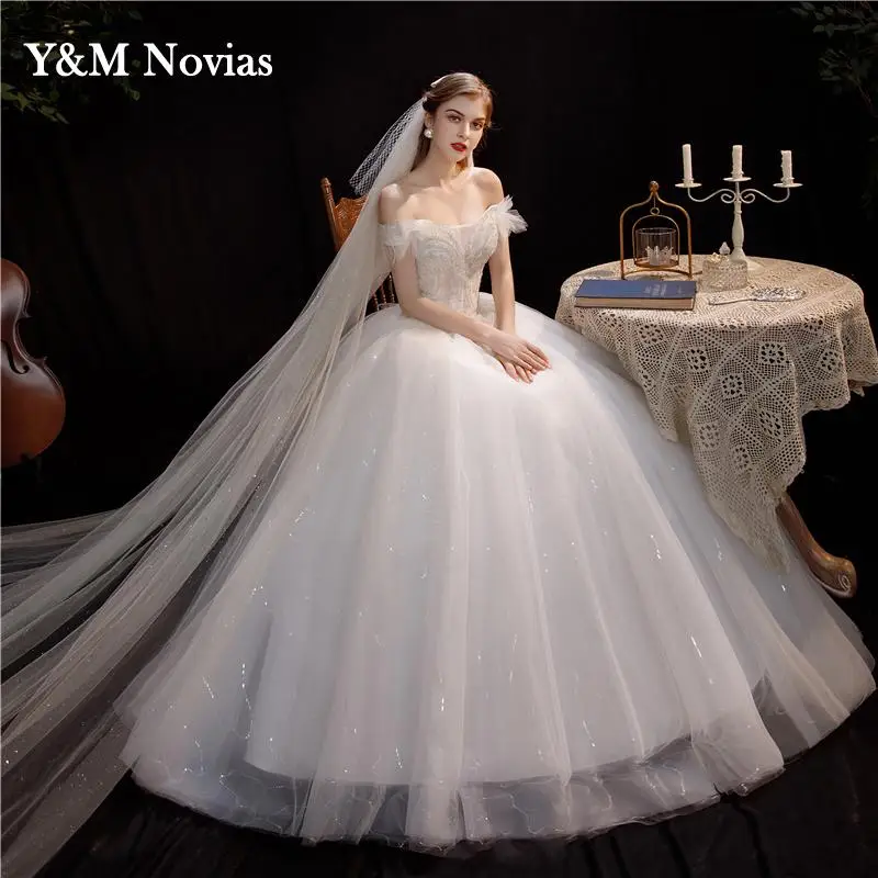 Plus size Korean Style V-Neck Lace Ｏff Shouder Appliques Ball Gown Wedding Dress 2022 New Fashion Simple estidos de noivas