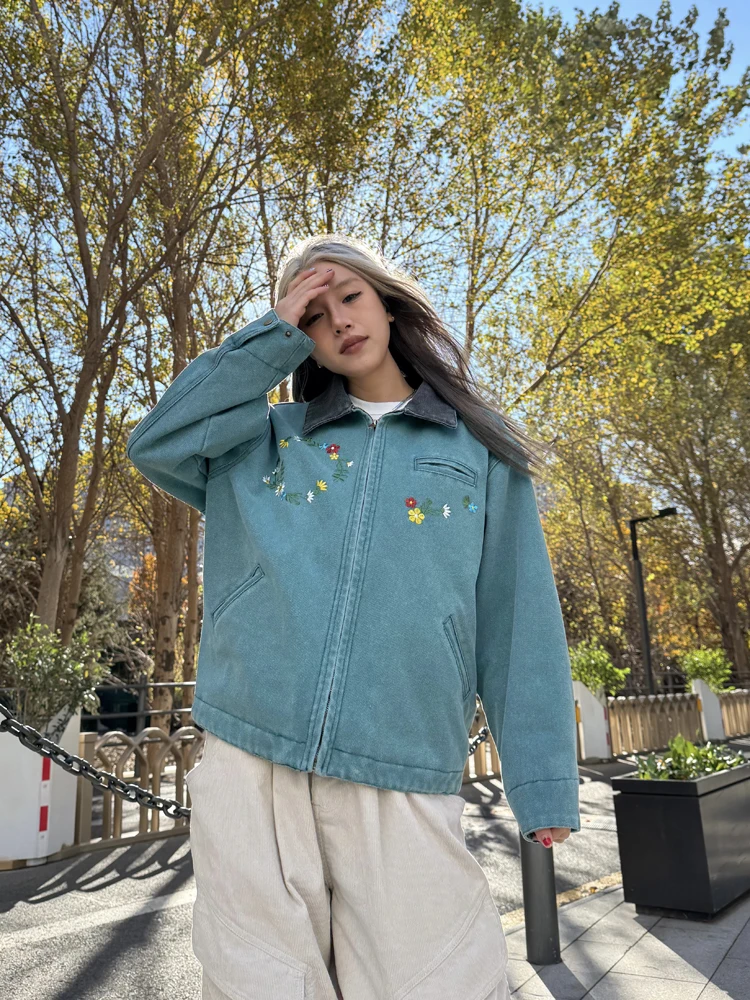 

Новинка 2024, женская винтажная рабочая одежда Detroit с вышивкой на подкладке, верхняя одежда свободного покроя, длинная застежка-молния