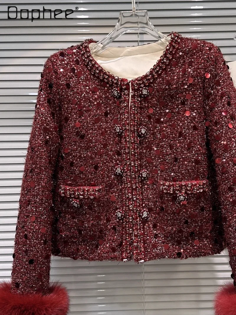 

Winter New French Elegant Socialite Sequin Woolen Fox Fur Patchwork Long Sleeve Down Short Coat High-end Loose Casual Wool Coat