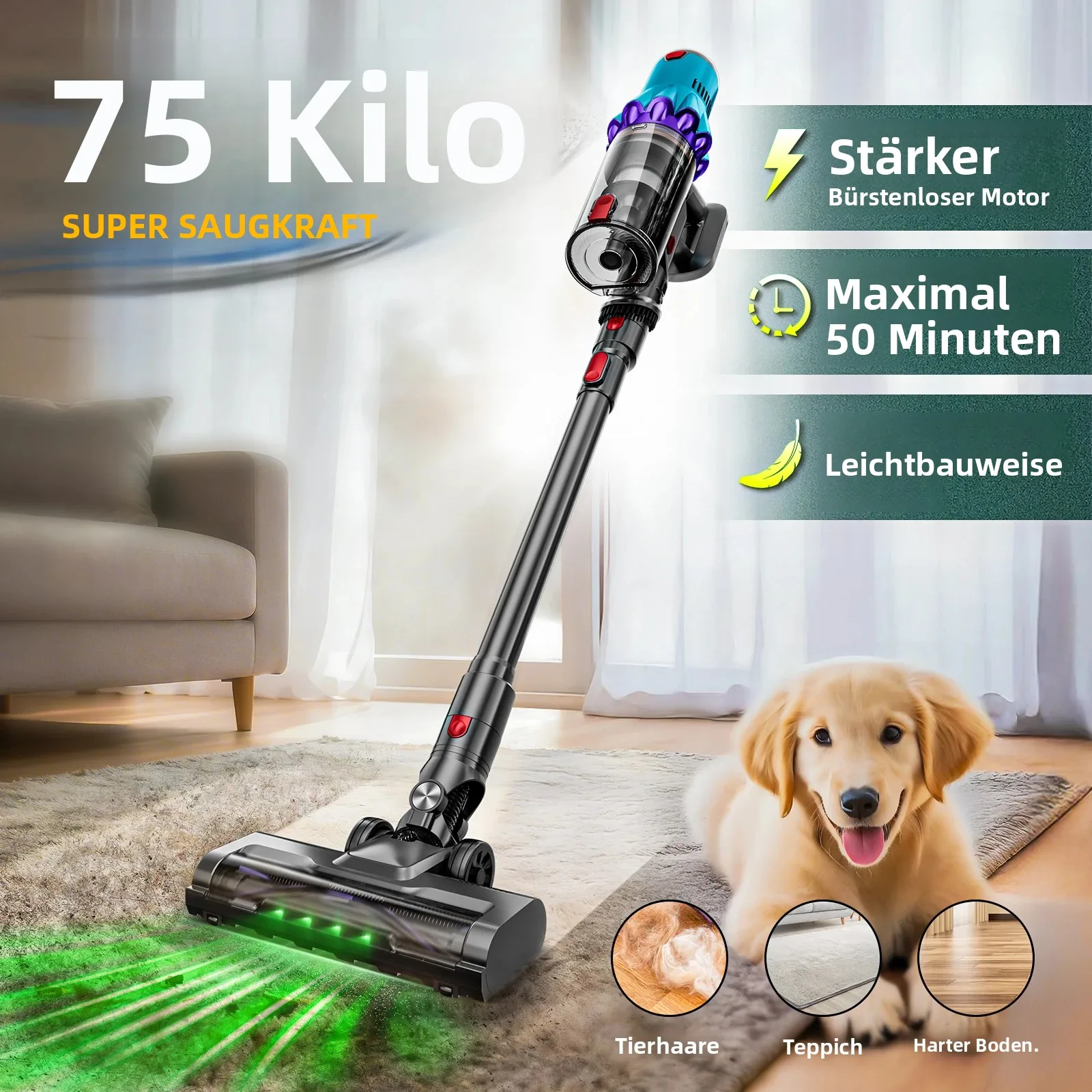 OMESER 75000Pa Kabelloser Staubsauger mit Anti-Verwicklung-Technologie, Bürstenloser 50-Minuten-Motor, Handstaubsauger für Zuhause, Tierhaare und Teppiche