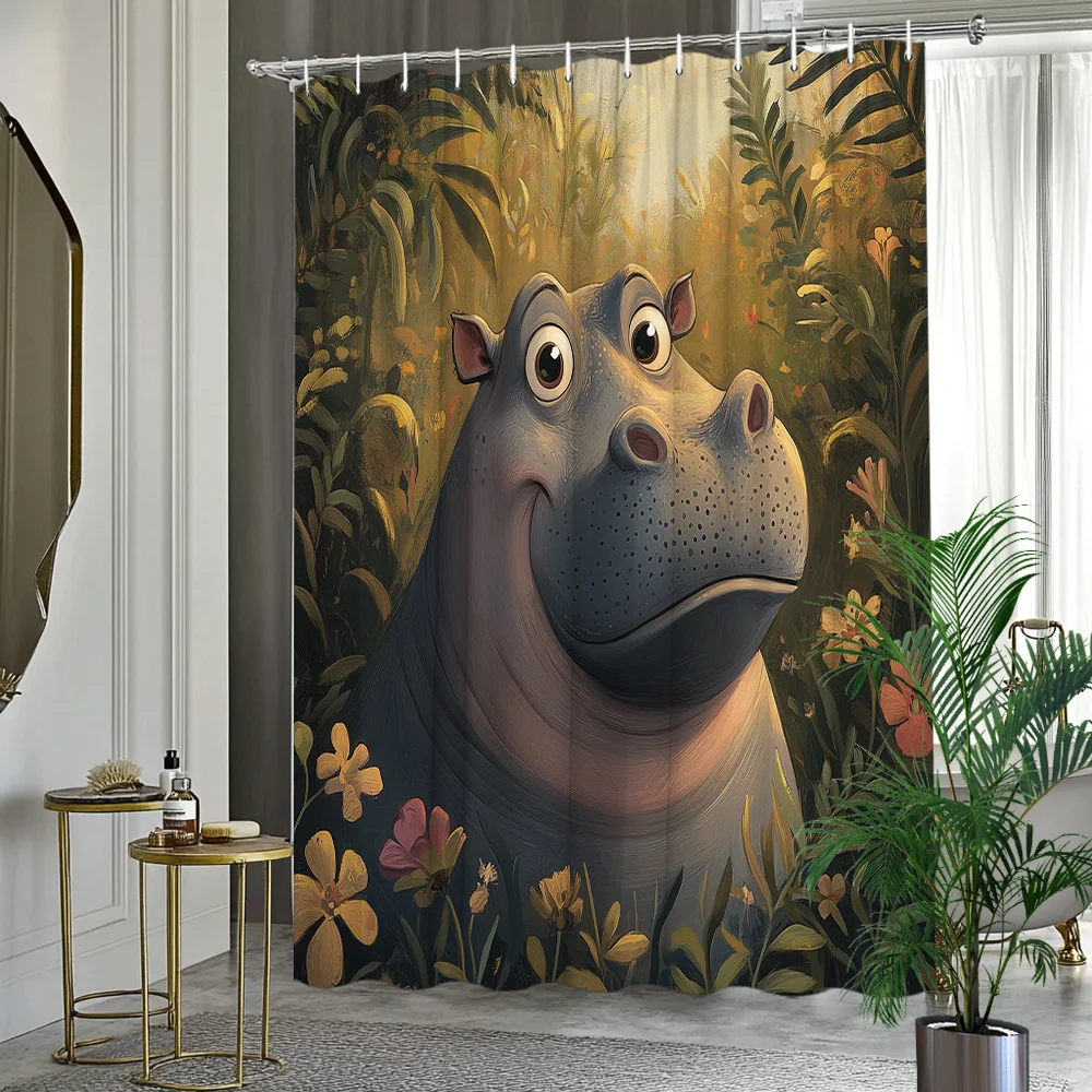 Cute Hippo Jungle Shower Curtain Waterproof Bathroom Decor Tropical Animal Print Shower Curtain for Kids Bathroom