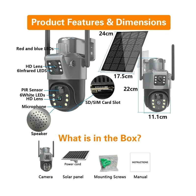 4K Dual เลนส์พลังงานแสงอาทิตย์กล้อง 8MP ไร้สายการเฝ้าระวังกล้อง PTZ สี Night Vision การตรวจจับ PIR อะไหล่ทดแทน