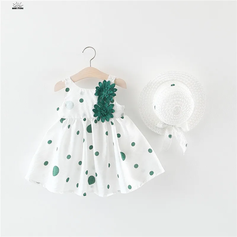 Big Bow Baby Dress Lovely Summer Infant Baby Girl Clothes Cute Dot Sleeveless Cotton Toddler Dresses+Sunhat Newborn Clothing Set