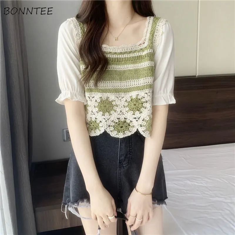 

Blouses Women 2022 Summer Thin Green Leisure All-matched Lady Short Puff Sleeve Lace Straight Daily Casual Korean Style Blusas
