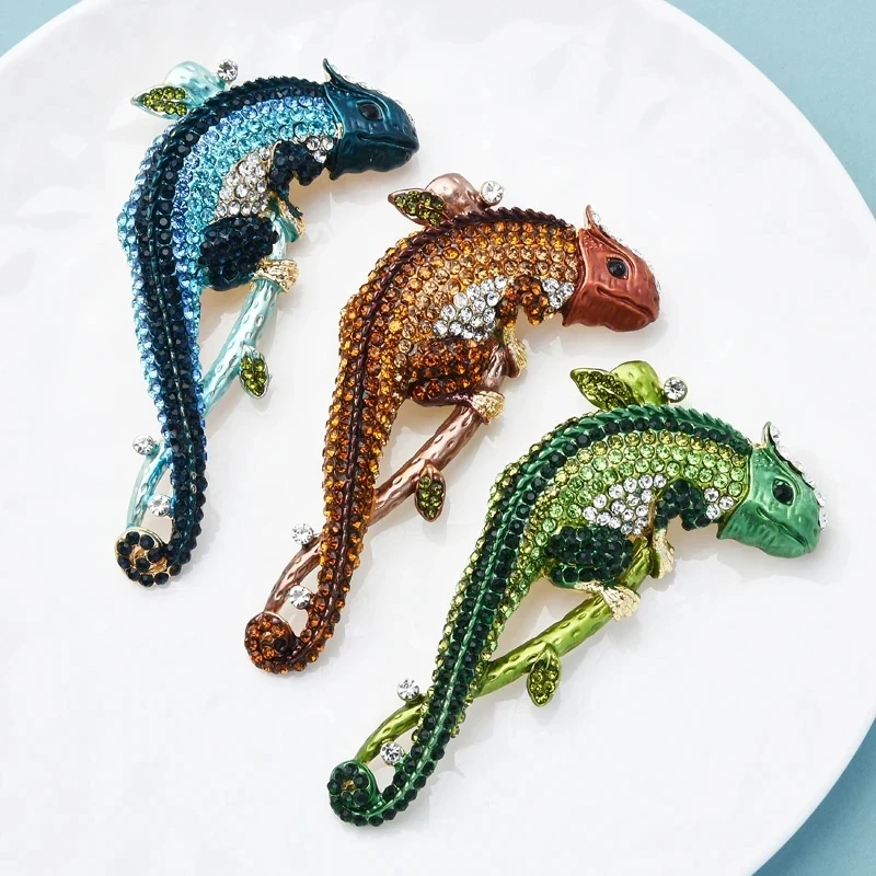 Large Size Rhinestone Chameleon Brooch Pin Creative Lizard Brooches Men's Coat Jacket Corsage Women's Vintage Elegant Badges