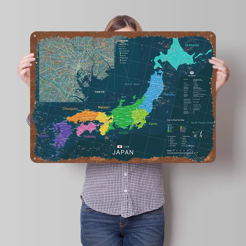 Map of Japan and Tokyo Poster Customized Wall Art Vintage Metal Signs Retro Tin Plaque for Man Cave Interior Decoration Decor