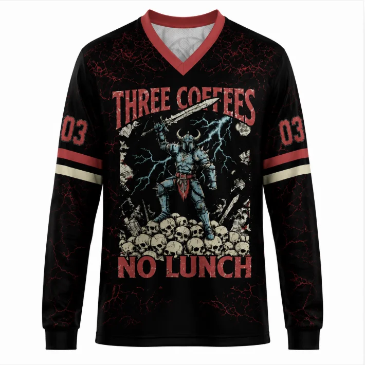 Vintage Warrior Graphic Long Sleeve Jersey Men Polyester V‑Neck Tee Crack Print Funny Coffee Theme Streetwear Sports Tops
