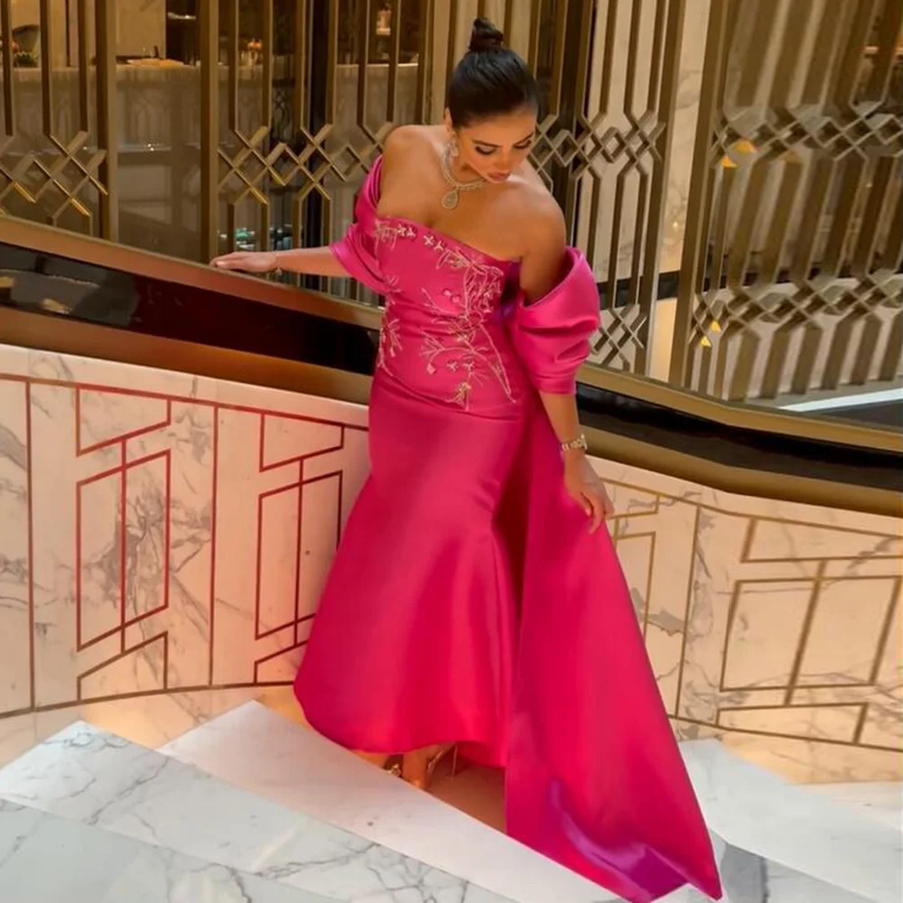 

Sharon Said Luxury Fuchsia Mermaid Dubai Evening Dress With Cape Showl Arabic Long Wedding Party Guest Gowns SS296 Customized