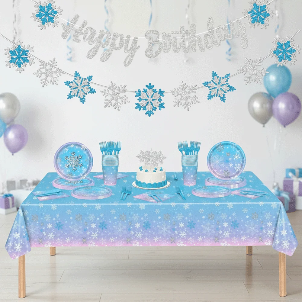Fournitures de fête d'anniversaire congelées, assiettes flocon de neige, serviettes, tasses, nappe, bannière, ballons en aluminium de neige, décorations du pays des merveilles