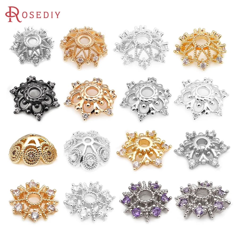 

18K Gold Color Brass and Zircon Flower Beads Caps Jewelry Making Supplies Necklace Earrings Diy Accessories