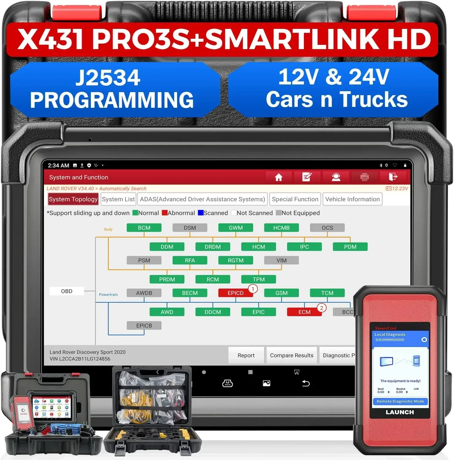 LAUNCH X431 PRO3S+ Smartlink HD Heavy Duty Truck Scanner,ECU Code | J2534 Protocol,Diesel  Bidirectional Scanner,60+ Services,Topology Mapping,FCA/Renault/CANFD/DoIP,2 Yrs Free Update